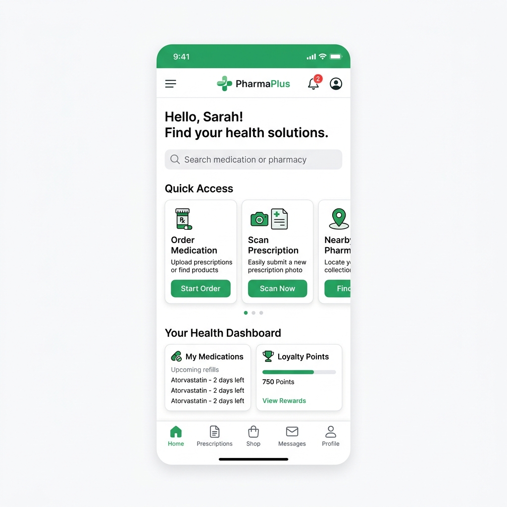 Capture d'écran : écran d'accueil de l'application mobile d'une officine PharmaLight