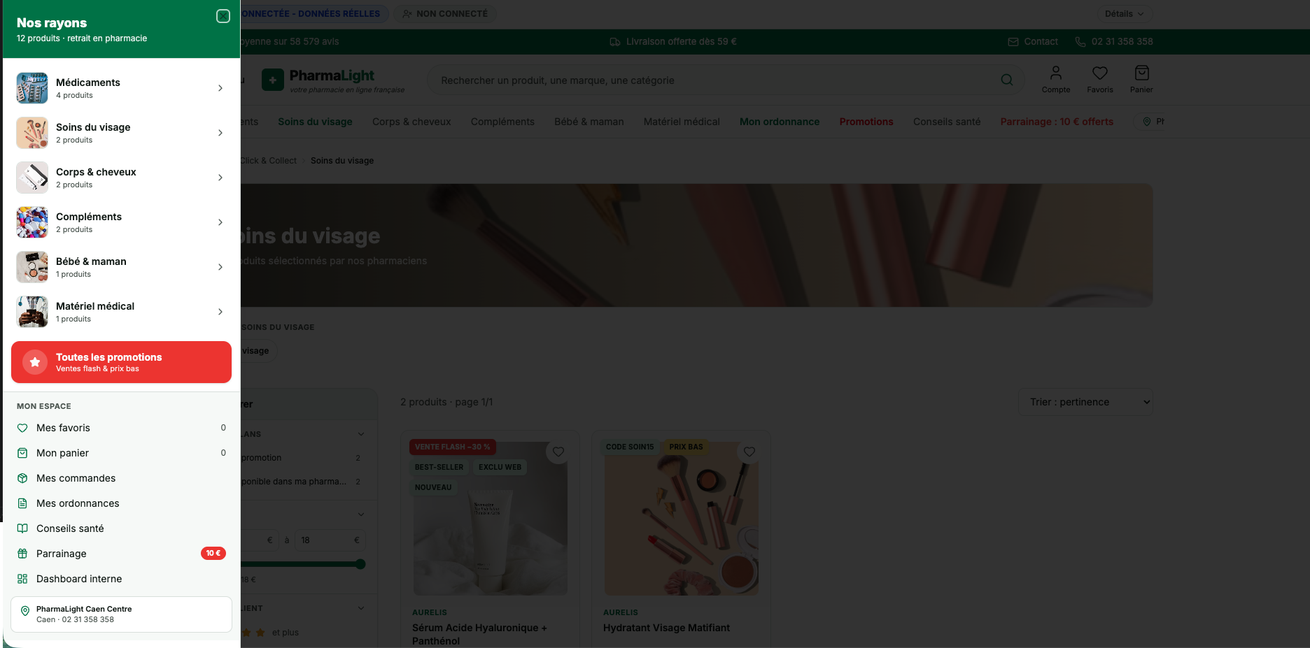 Capture d'écran : catalogue produit avec disponibilité en temps réel et référencement local