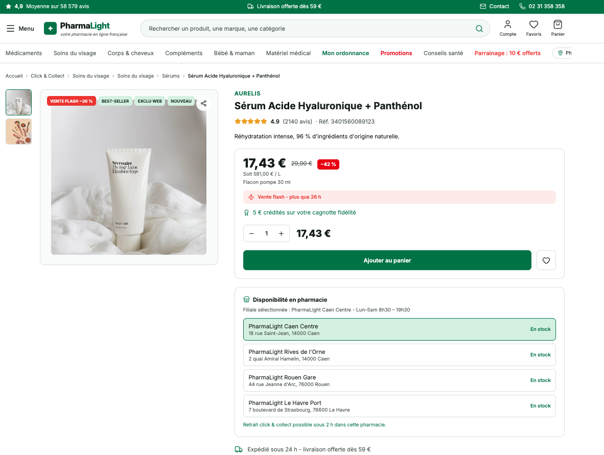 Capture d'écran : parcours de commande Click & Collect avec créneau de retrait