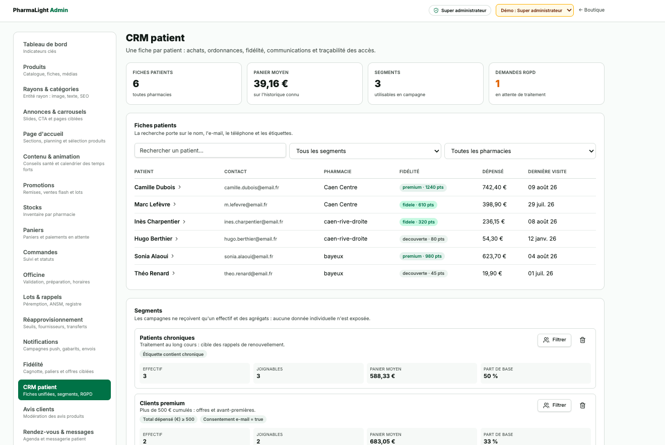 Capture d'écran : fiche patient unifiée dans le CRM PharmaLight