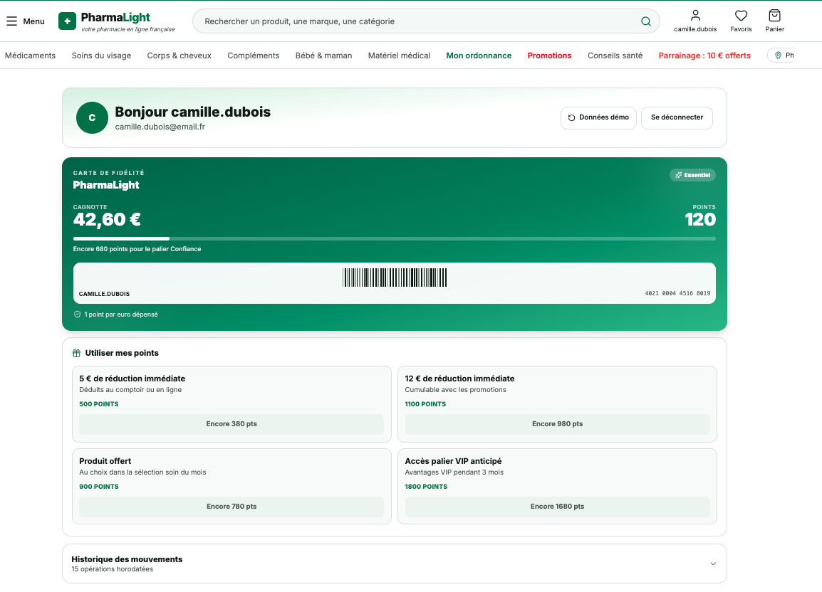 Capture d'écran : cagnotte de fidélité et paliers dans l'application patient