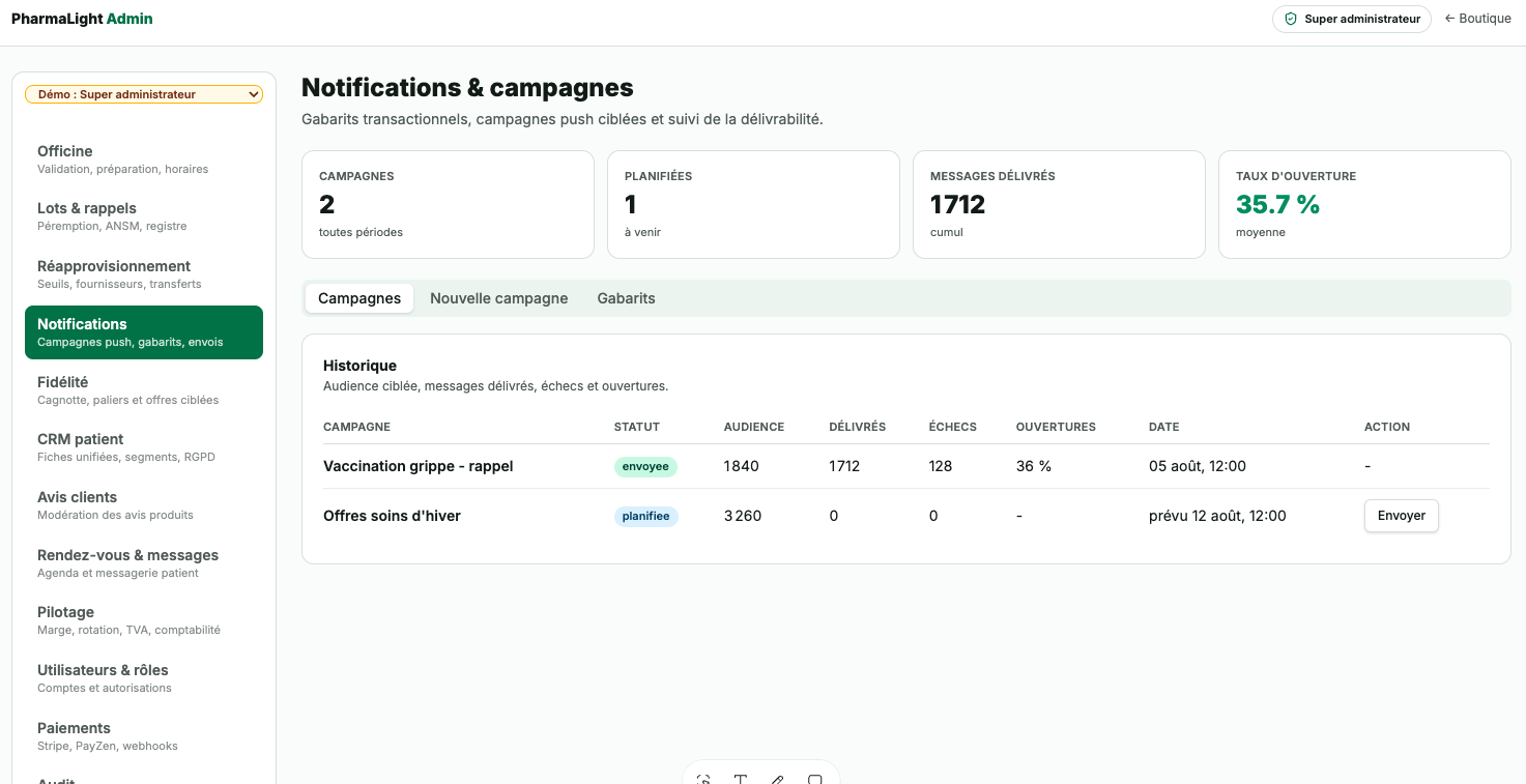 Capture d'écran : back-office d'envoi de campagnes multicanal