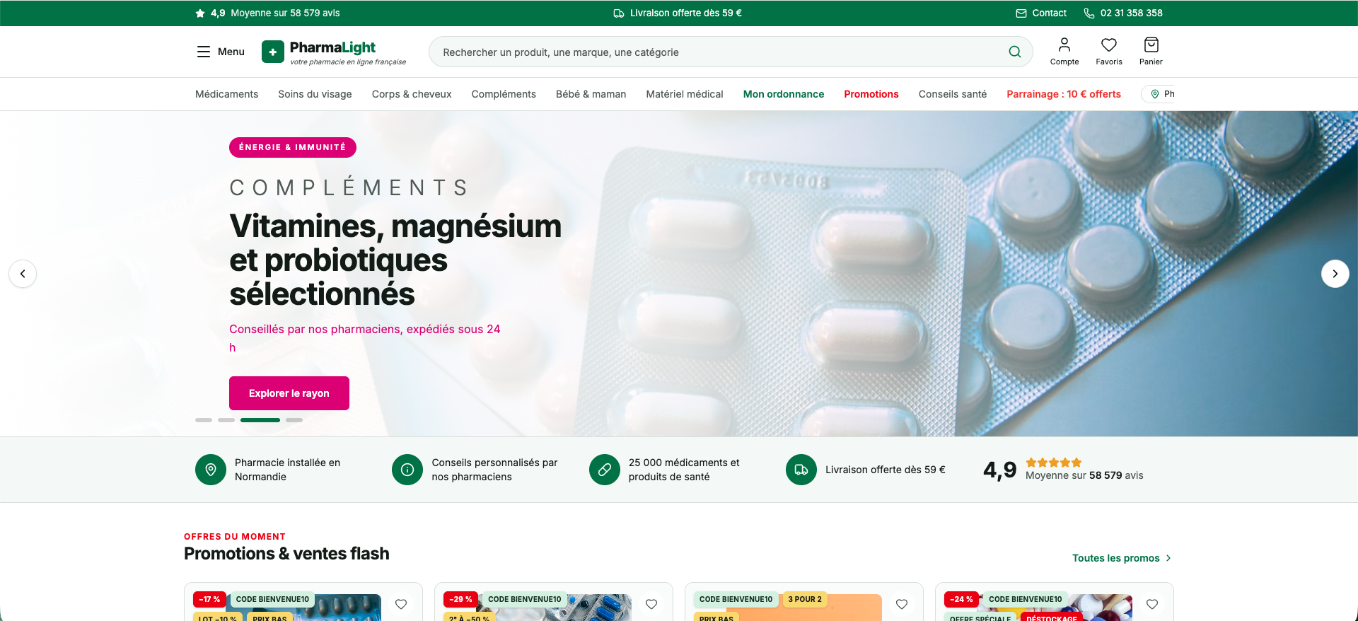 Capture d'écran : page d'accueil du site d'une officine PharmaLight